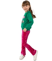 Rare Editions Little Girls 2T-6X Long-Sleeve Merry And Bright Appliqued French Terry Sweater & Velvet Flare-Leg Pant Set