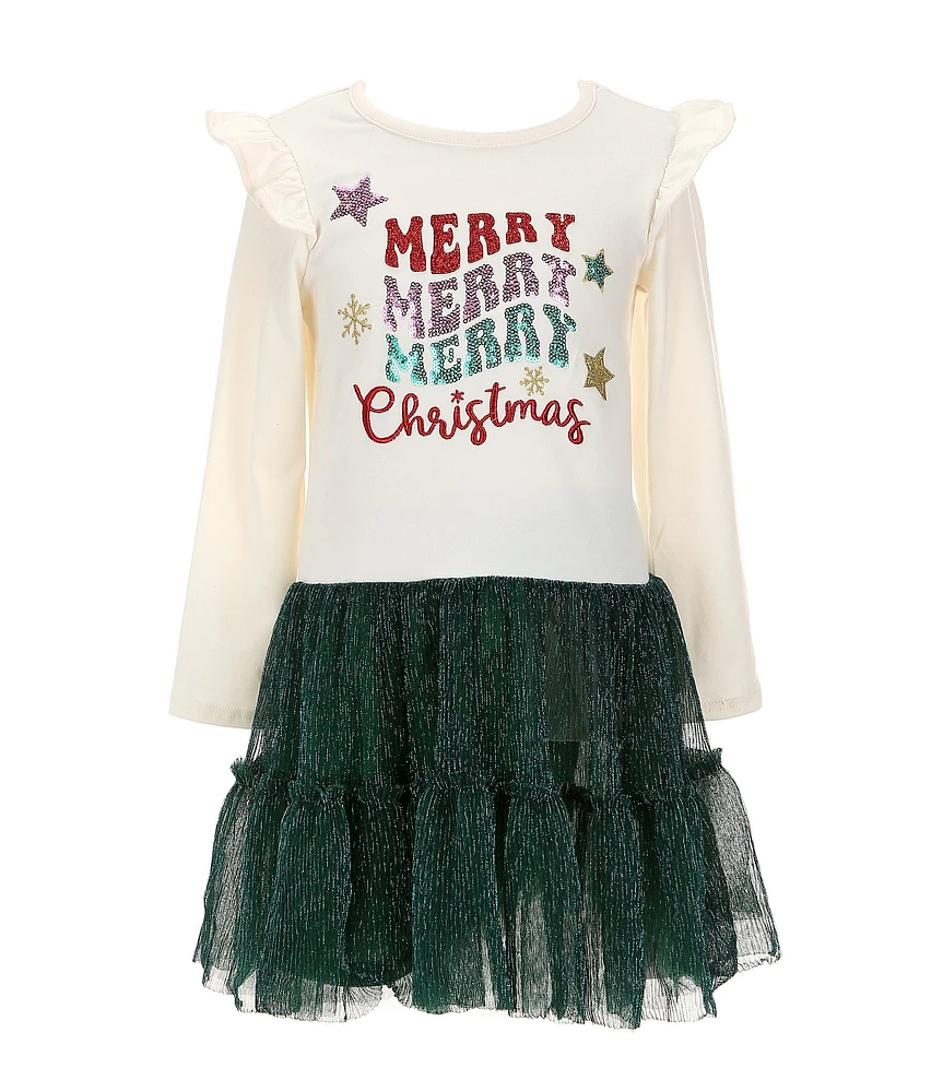 Rare Editions Little Girls 2T-6X Long-Sleeve Merry Merry Merry Christmas Bodice/Metallic-Rib-Knit Skirted Popover Dress