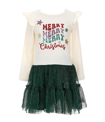 Rare Editions Little Girls 2T-6X Long-Sleeve Merry Merry Merry Christmas Bodice/Metallic-Rib-Knit Skirted Popover Dress