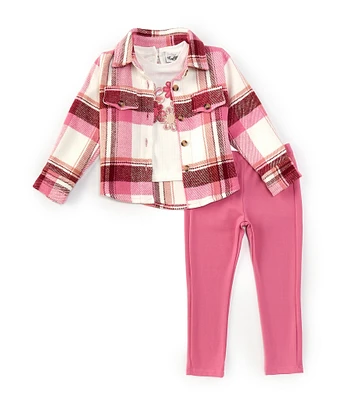 Rare Editions Little Girls 2T-6X Long Sleeve Plaid Woven Shacket & Floral-Motif Waffle-Knit T-Shirt & Solid Knit Leggings Set