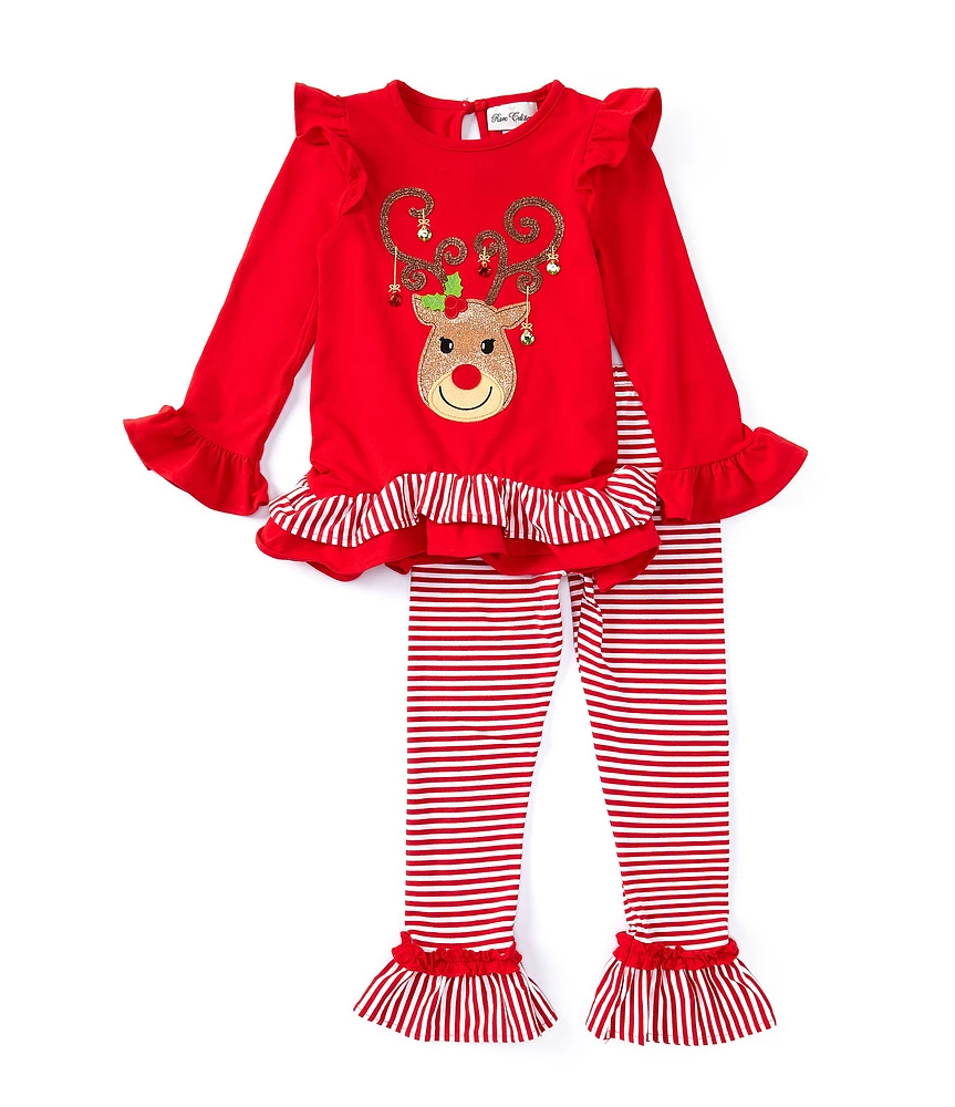 Rare Editions Little Girls 2T-6X Long Sleeve Reindeer Face-Applique Tunic Top & Striped Leggings Set