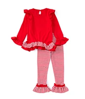 Rare Editions Little Girls 2T-6X Long Sleeve Reindeer Face-Applique Tunic Top & Striped Leggings Set