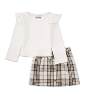 Rare Editions Little Girls 2T-6X Long-Sleeve Rib-Knit Top & Plaid Woven Skirt Set