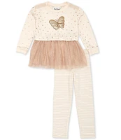 Rare Editions Little Girls 2T-6X Long Sleeve Sequin-Embellished Butterfly Motif Tutu Sweatshirt & Striped Leggings Set