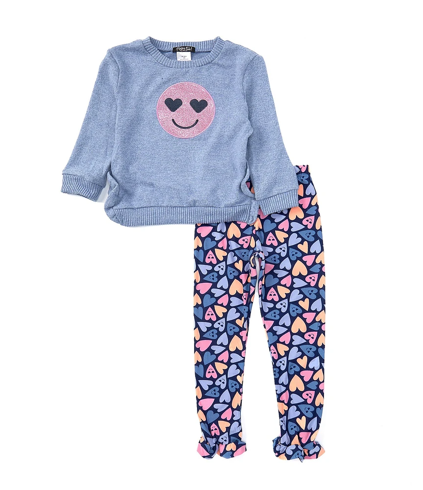 Rare Editions Little Girls 2T-6X Long-Sleeve Solid Emoji Top & Printed Ruffle-Hem Leggings Set