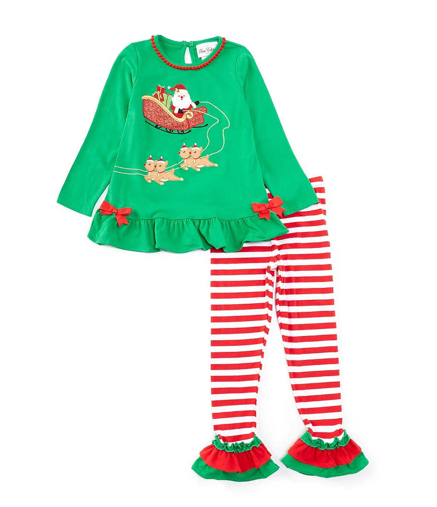 Rare Editions Little Girls 2T-6X Long-Sleeve Solid Santa/Sleigh/Reindeer-Applique Tunic Top & Striped Leggings Set