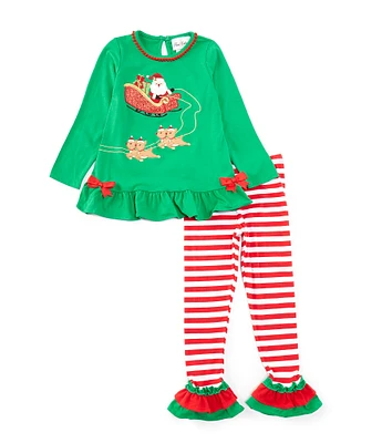 Rare Editions Little Girls 2T-6X Long-Sleeve Solid Santa/Sleigh/Reindeer-Applique Tunic Top & Striped Leggings Set