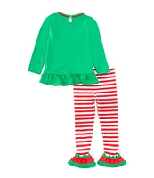 Rare Editions Little Girls 2T-6X Long-Sleeve Solid Santa/Sleigh/Reindeer-Applique Tunic Top & Striped Leggings Set