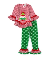 Rare Editions Little Girls 2T-6X Long Sleeve Striped Christmas Tree Tunic Top & Dotted Leggings Set