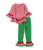 Rare Editions Little Girls 2T-6X Long Sleeve Striped Christmas Tree Tunic Top & Dotted Leggings Set