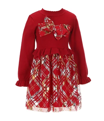 Rare Editions Little Girls 2T-6X Long-Sleeve Sweater-Knit Bow-Accented Bodice/Foiled Plaid Skirted Popover Dress