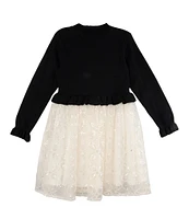 Rare Editions Little Girls 2T-6X Long Sleeve Sweater-Knit Flower-Appliqued Bodice/Embroidered Mesh-Overlay Skirted Popover Dress