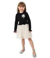 Rare Editions Little Girls 2T-6X Long Sleeve Sweater-Knit Flower-Appliqued Bodice/Embroidered Mesh-Overlay Skirted Popover Dress