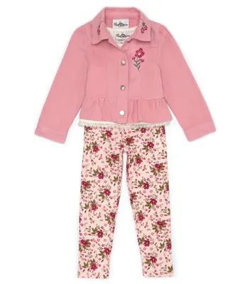 Rare Editions Little Girls 2T-6X Long Sleeve Twill Jacket, Cap Sleeve Floral Knit T-Shirt & Floral Knit Leggings Set