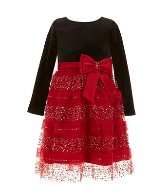 Rare Editions Little Girls 2T-6X Long-Sleeve Velvet-Bodice/Beaded Sequin-Embellished Mesh Skirted Fit-And-Flare Dress