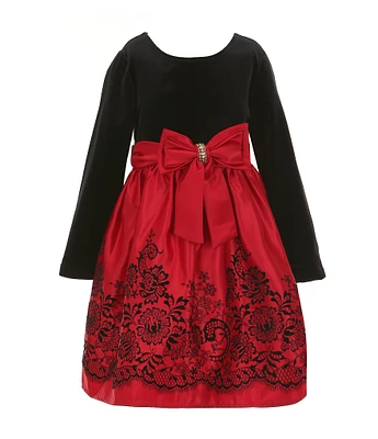 Rare Editions Little Girls 2T-6X Long Sleeve Velvet-Bodice/Flocked Satin Skirted Fit-And-Flare Dress