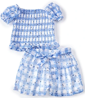 Rare Editions Little Girls 2T-6X Puffed Sleeve Yarn-Dyed-Gingham Daisy-Printed Peasant Top & Matching Shorts 2-Piece Set