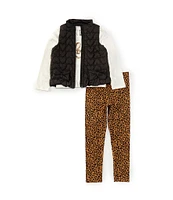 Rare Editions Little Girls 2T-6X Quilted Puffer Vest, Love/Heart Applique Knit T-Shirt & Cheetah-Print Knit Leggings Set