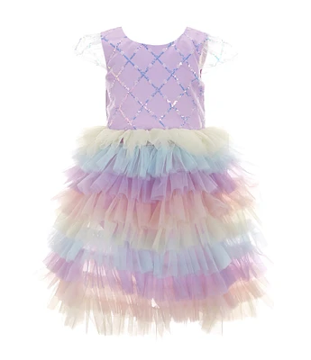 Rare Editions Little Girls 2T-6X Sequin-Embellished/Butterfly/Latticework Mesh Bodice/Rainbow Tulle-Skirted Fit & Flare Dress