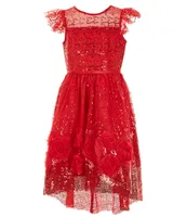 Rare Editions Little Girls 2T-6X Sequin-Illusion Yoke/Sequin Mesh/Soutache High-Low-Hem Dress