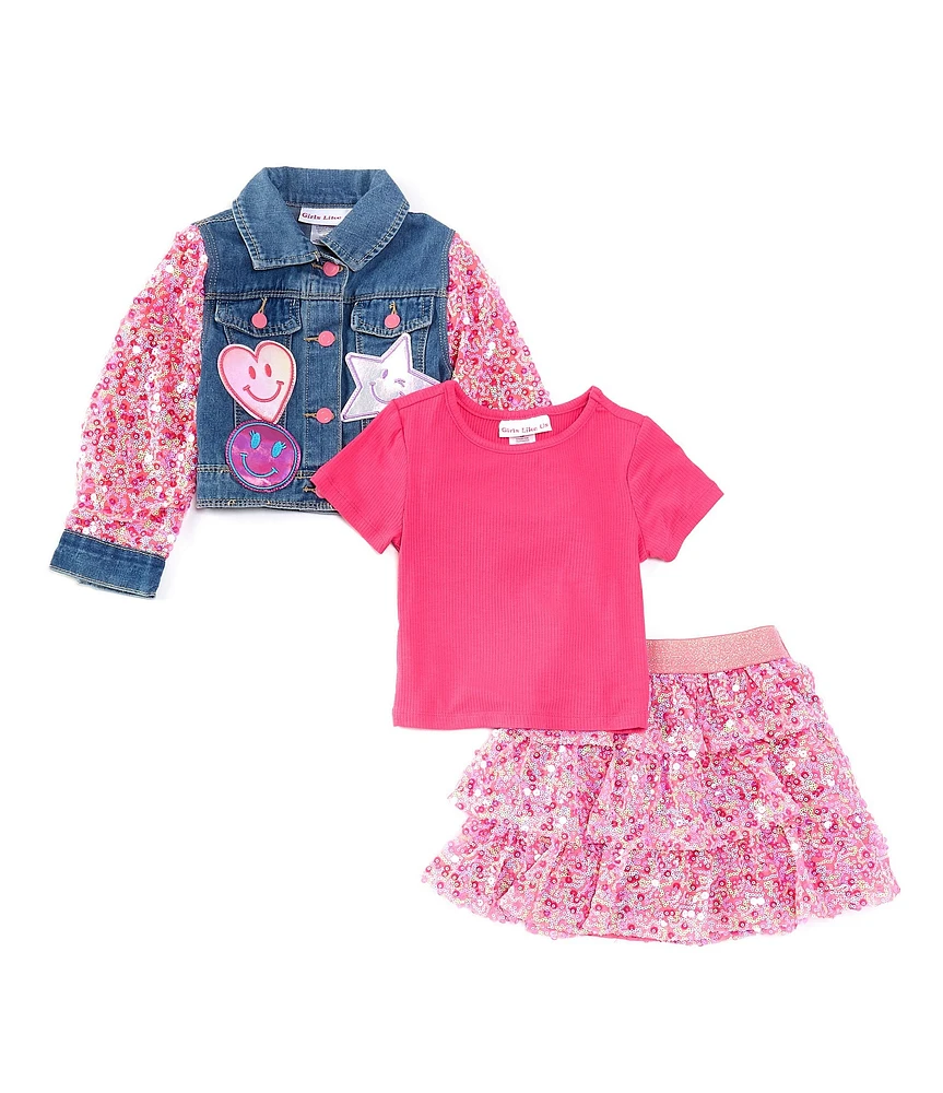 Girls Like Us Little Girls 2T-6X Sequin-Sleeve Denim Jacket, Rib-Knit Top & Sequin-Embellished Mesh Skirt Set