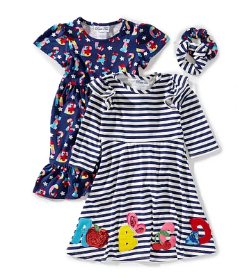 Rare Editions Little Girls Short-Sleeve ABC Alphabet Dress & Long-Sleeve Striped/ABCD Alphabet Fit-And-Flare Dress Set