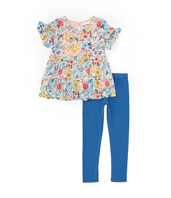 Rare Editions Little Girls 2T-6X Short Sleeve Floral Mesh Tunic Top & Solid Knit Capri Leggings Set