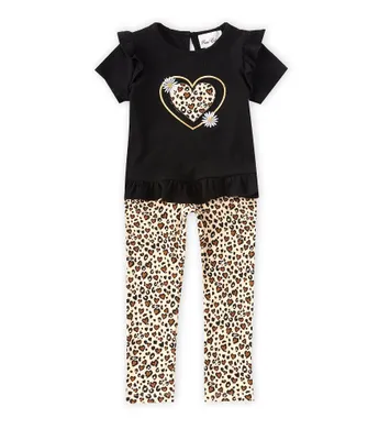 Rare Editions Little Girls 2T-6X Short Sleeve Heart-Appliqued Rib-Knit Tee & Cheetah Print Leggings Set