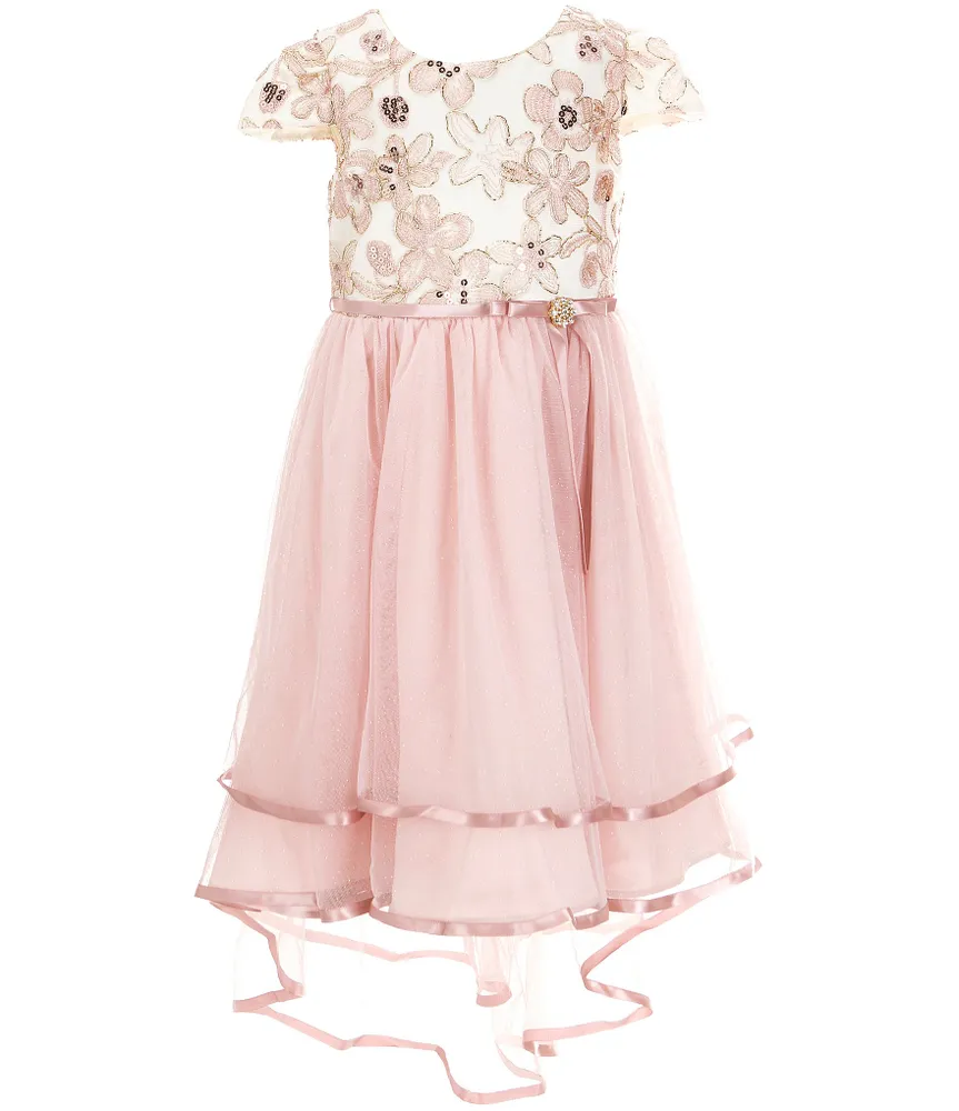 Rare Editions Little Girls 2T-6X Short Sleeve Sequin-Embellished Bodice/Asymmetrical Mesh Skirted Ballgown