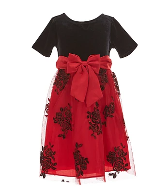 Rare Editions Little Girls 2T-6X Short-Sleeve Velvet/Glitter-Accented Flocked Mesh Skirted Fit-And-Flare Dresss