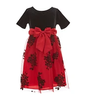 Rare Editions Little Girls 2T-6X Short-Sleeve Velvet/Glitter-Accented Flocked Mesh Skirted Fit-And-Flare Dresss