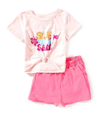 Rare Editions Little Girls 2T-6X Short-Sleeve Verbiage Tropical/Floral T-Shirt & Solid Shorts Set