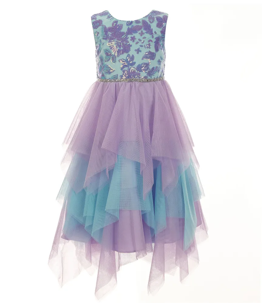 Rare Editions Little Girls 2T-6X Sleeveless Sequin Butterfly-Applique/Colorblock Handkerchief-Hem Skirted Midi Dress