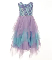 Rare Editions Little Girls 2T-6X Sleeveless Sequin Butterfly-Applique/Colorblock Handkerchief-Hem Skirted Midi Dress