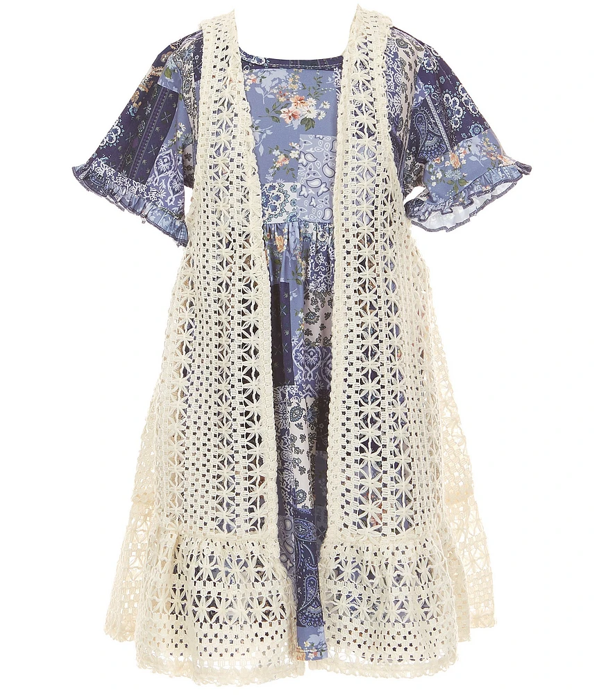 Rare Editions Little Girls Sleeveless Crocheted Vest & Short-Sleeve Printed A-Line Dress Set