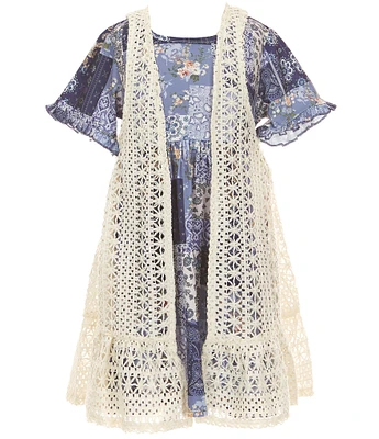 Rare Editions Little Girls Sleeveless Crocheted Vest & Short-Sleeve Printed A-Line Dress Set