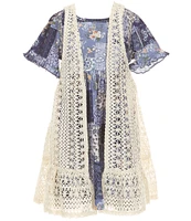 Rare Editions Little Girls Sleeveless Crocheted Vest & Short-Sleeve Printed A-Line Dress Set