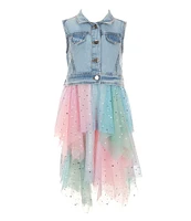 Rare Editions Little Girls 2T-6X Sleeveless Denim Vest & Sleeveless Glitter-Accented Ombre Asymmetrical-Skirted Dress