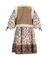 Rare Editions Little Girls 2T-6X Sleeveless Sherpa Vest & Long Sleeve Floral Twin-Printed Fit & Flare Dress Set