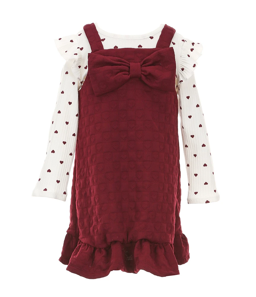 Rare Editions Little Girls 2T-6X Sleeveless Heart-Patterned Double-Knit Jumper Dress & Long Sleeve Heart-Printed Top Set