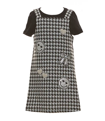 Rare Editions Little Girls 2T-6X Sleeveless Patch-Detailed Checked Jumper Dress & Solid Short Sleeve T-Shirt Set