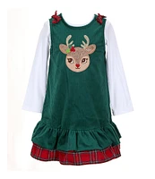 Rare Editions Little Girls 2T-6X Sleeveless Red-Nosed Reindeer-Face Corduroy Jumper Dress & Solid Long Sleeve Knit T-Shirt Set