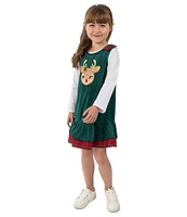 Rare Editions Little Girls 2T-6X Sleeveless Red-Nosed Reindeer-Face Corduroy Jumper Dress & Solid Long Sleeve Knit T-Shirt Set