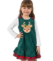 Rare Editions Little Girls 2T-6X Sleeveless Red-Nosed Reindeer-Face Corduroy Jumper Dress & Solid Long Sleeve Knit T-Shirt Set