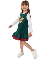 Rare Editions Little Girls 2T-6X Sleeveless Red-Nosed Reindeer-Face Corduroy Jumper Dress & Solid Long Sleeve Knit T-Shirt Set