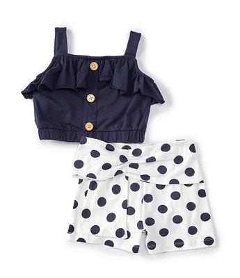 Rare Editions Little Girls 2T-6X Sleeveless Ruffle-Neck Tank Solid Top & Large-Dot Shorts Set