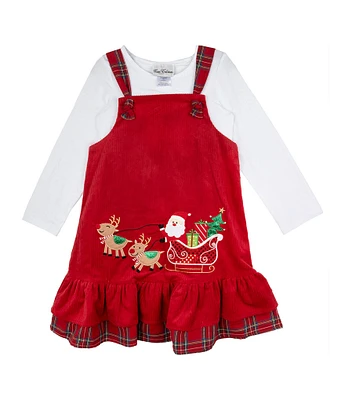 Rare Editions Little Girls 2T-6X Sleeveless Santa In Sleigh Corduroy Jumper Dress & Solid Long-Sleeve Knit T-Shirt Set