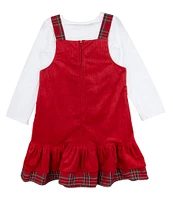 Rare Editions Little Girls 2T-6X Sleeveless Santa In Sleigh Corduroy Jumper Dress & Solid Long-Sleeve Knit T-Shirt Set