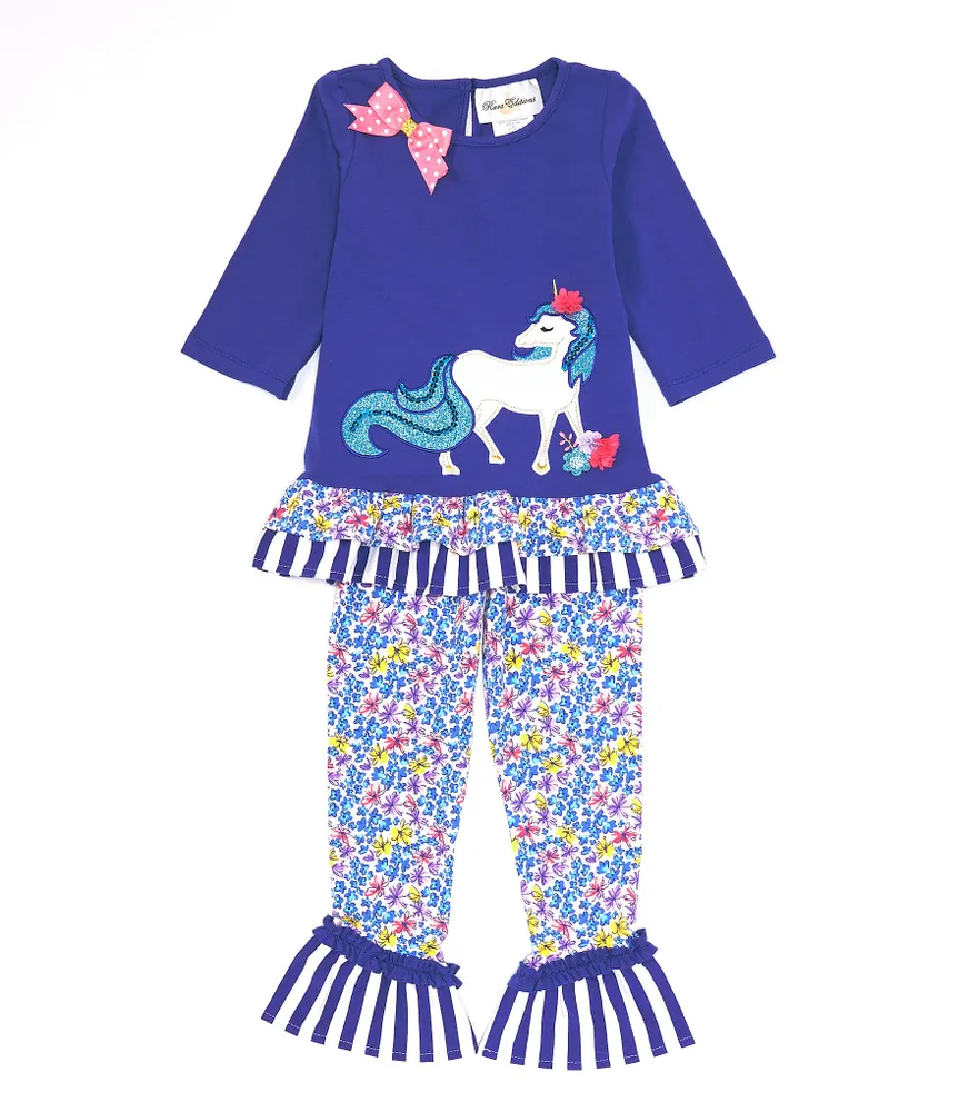 Rare Editions Little Girls 2T-6X Solid Knit with Printed Ruffles Unicorn  Applique Top & Leggings Set