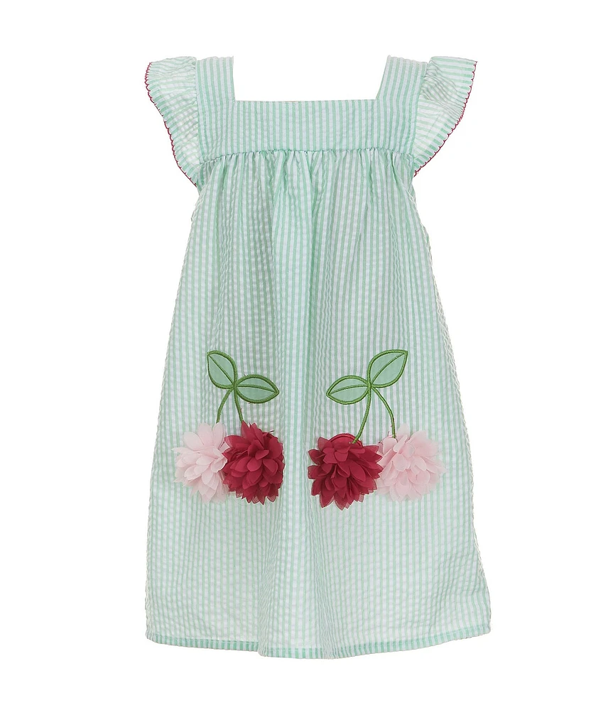 Rare Editions Little Girls 4-6X Flutter-Sleeve Cherry-Appliqued Stripe Seersucker A-Line Dress